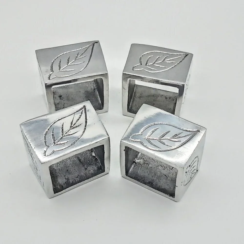 Pier 1 Silver Pewter Etched Leaves Square Napkin Rings